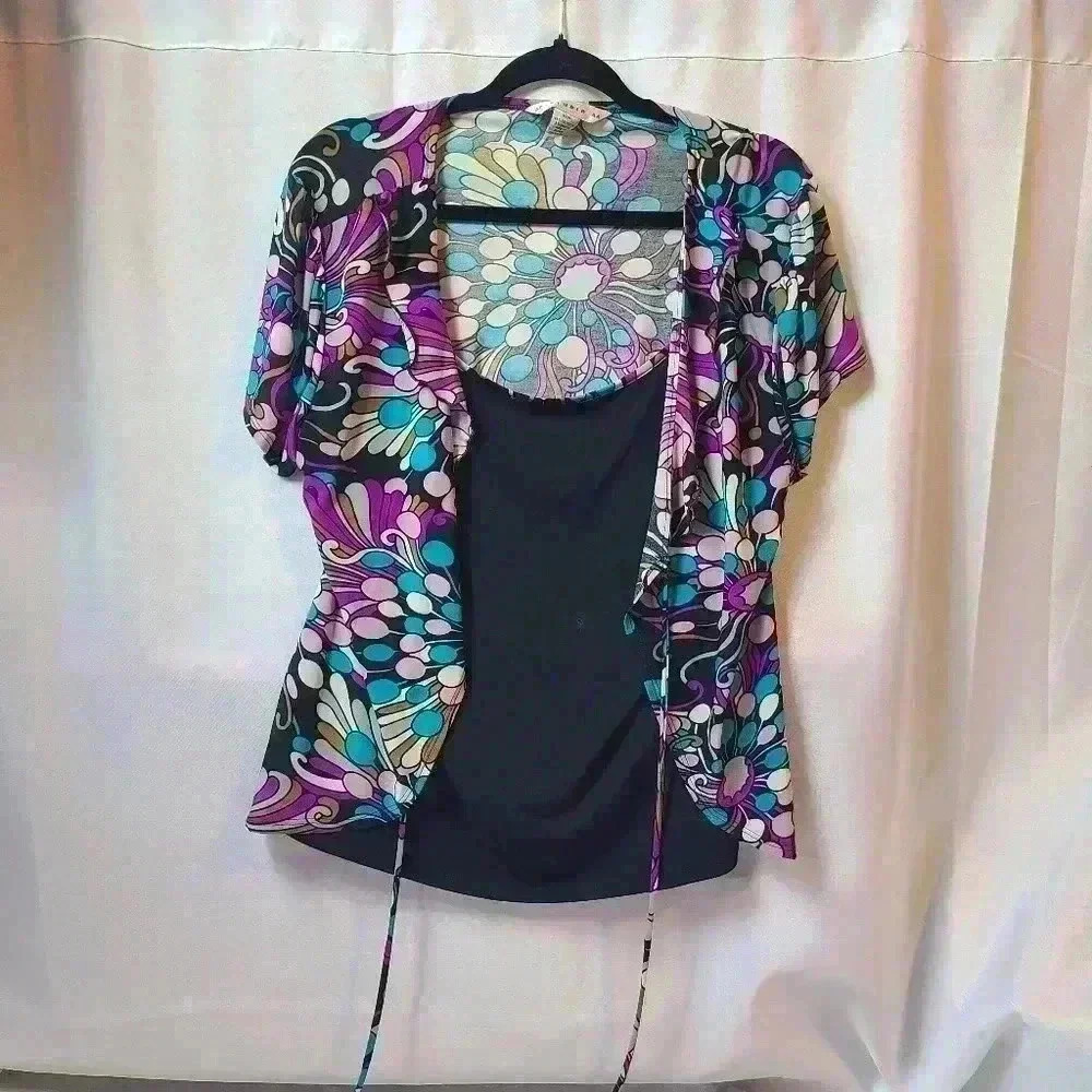 AA Studio Purple Floral Pattern Blouse with Cardigan Women's 14w
